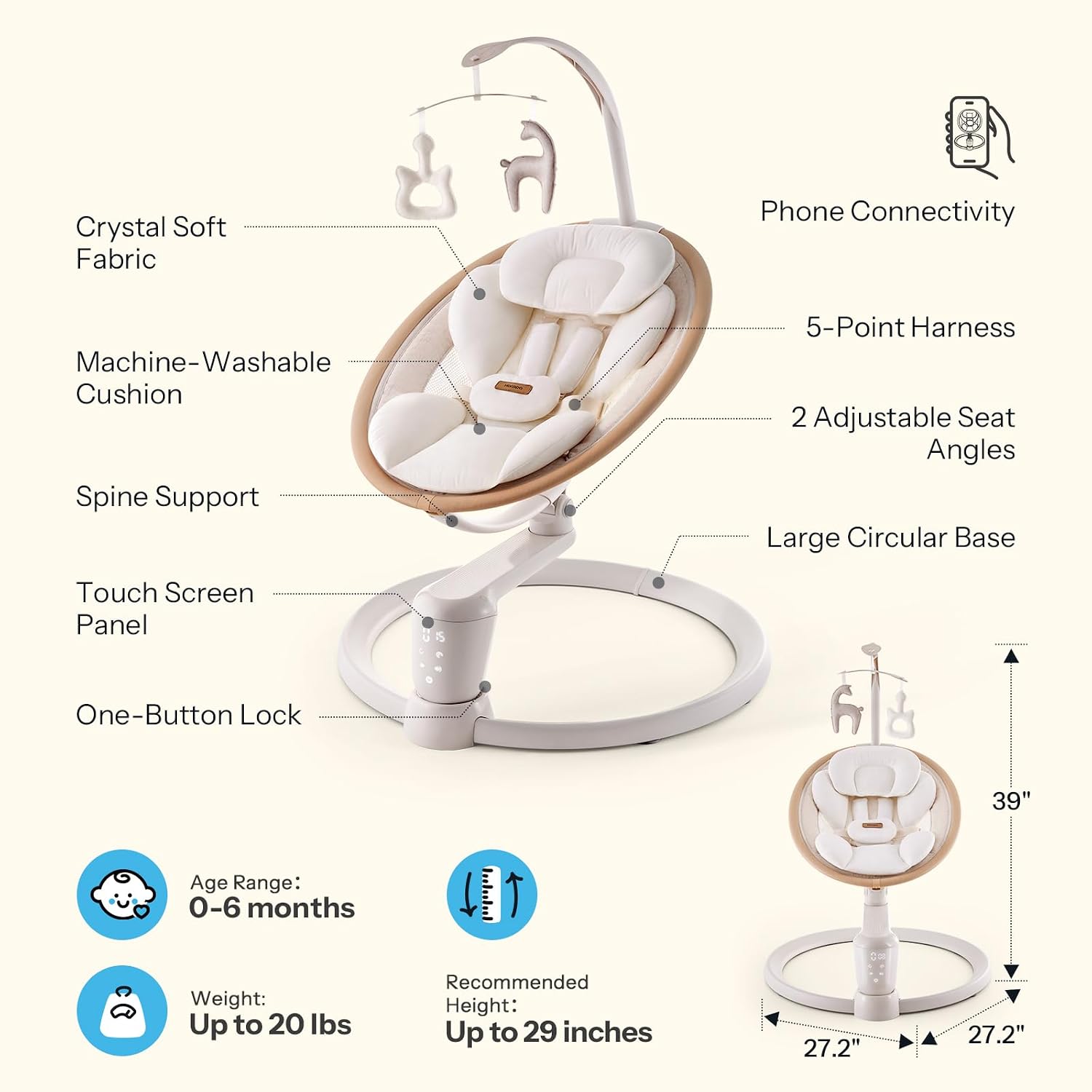 HARPPA Weddell Signature Electric Baby Swings for Infants and Newborns, Eye-Level Baby Swing 5 Speeds and Remote Control 10 Built-in Melodies, 2 Seat Positions & 180° Rotation for Indoor Use,Warm Sand