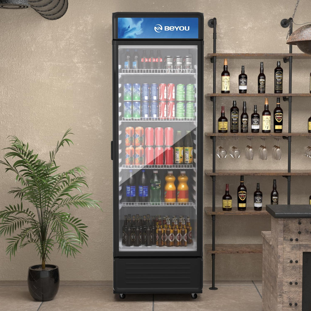 BEYOU Display Merchandiser Refrigerator, 13.3 cu. Ft Commercial Upright Beverage Fridge with single Glass Door, Drink Cooler for Living Room,Bar,Garage（Black）