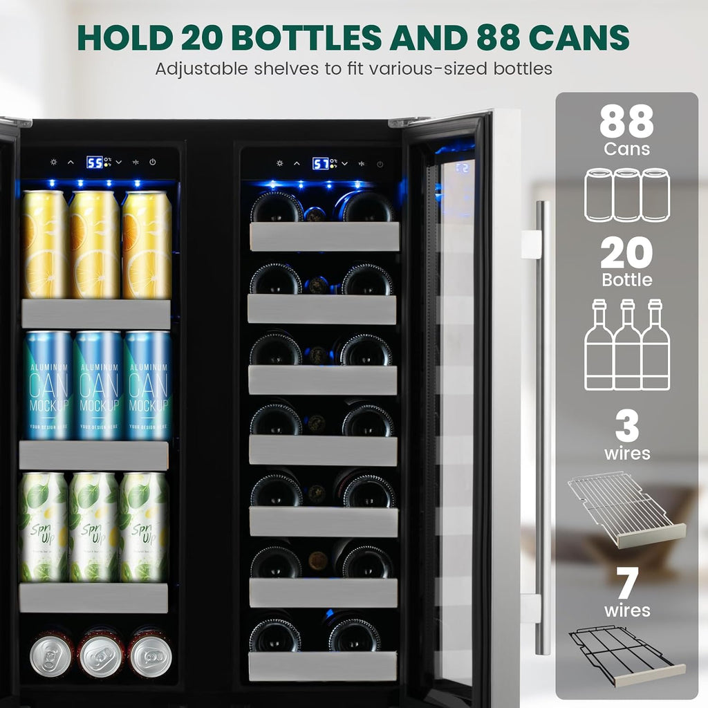24 inch Wine and Beverage Refrigerator, Upgraded Dual Zone Wine Cooler Refrigerator with Glass Door, 20 Bottles and 88 Cans Beverage Fridge Under Counter or Freestanding for Beer Soda Bar