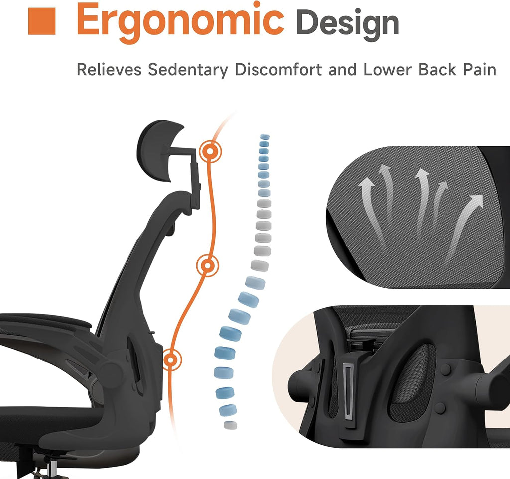 Monhey Black Office Chair, Ergonomic Office Chair, Home Office Desk Chair for Big and Tall People, Computer Chair with Adjustable Headrest, Lumbar Support, Flip-Up Arms, PU Wheels
