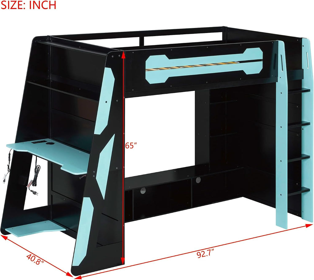 Merax Twin Size Gaming Loft Bed with Desk and Multi-Storage Shelves, Wooden Loft Bed Frmae with Light, Space-Saving Bed with Safety Guardrail