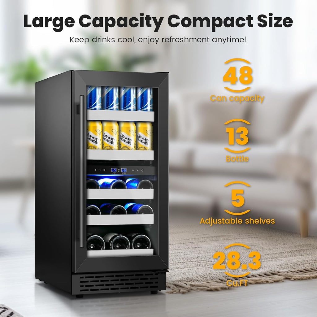 15 Inch Beverage Refrigerator,13 Bottle & 48 Cans Under Counter Black Beverage Fridge with Low-Noise Compressor,Wine Cooler with Dual Independent Temperature Zones for Kitchen Home