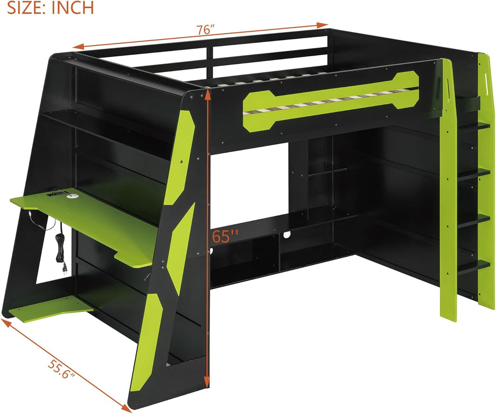 Merax Full Size Loft Bed with Desk and Multi-Storage Shelves, Wooden Gaming Loft Bed Frmae with Light and Charging Station, Space-Saving Bed with Safety Guardrail, No Box Spring Needed, Green