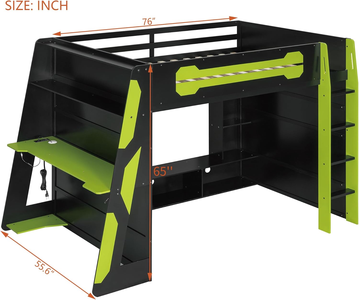 Merax Full Size Loft Bed with Desk and Multi-Storage Shelves, Wooden Gaming Loft Bed Frmae with Light and Charging Station, Space-Saving Bed with Safety Guardrail, No Box Spring Needed, Green