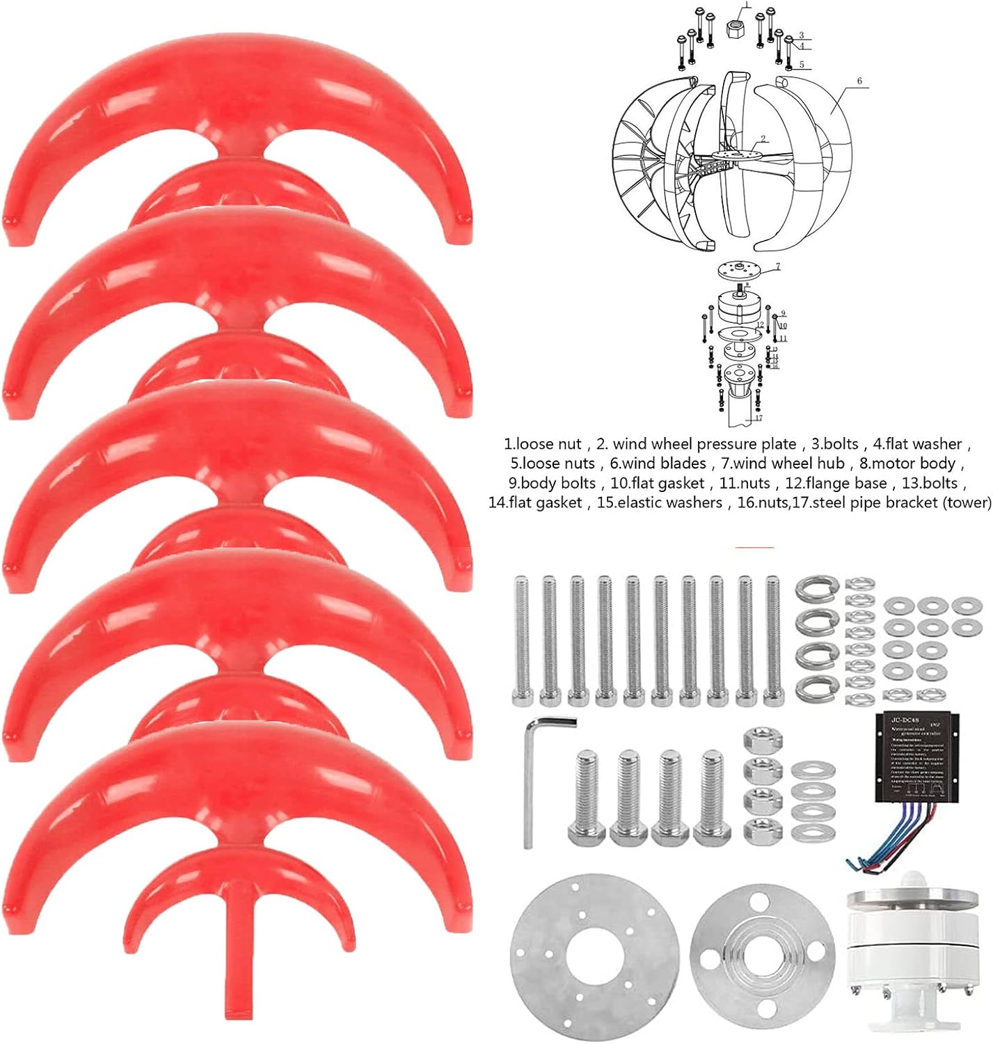3000W Vertical Axis Wind Turbine Generator Low Noise Low Start Wind Speed 12V 24V 48V Windmill Off Grid System with MPPT Charger(Red)