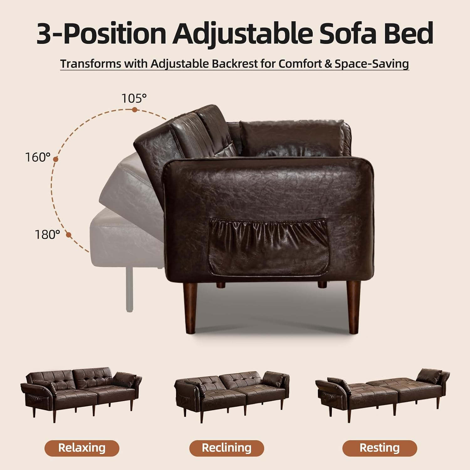 HALLYBEE 85' Futon Sofa Bed, Sleeper Sofa, Small Couch with Storage Adjustable Armrests Pillows, Faux Leather Loveseat, Mid Century Modern Couches for Living Room, Bedroom, Apartment, Coffee Brown