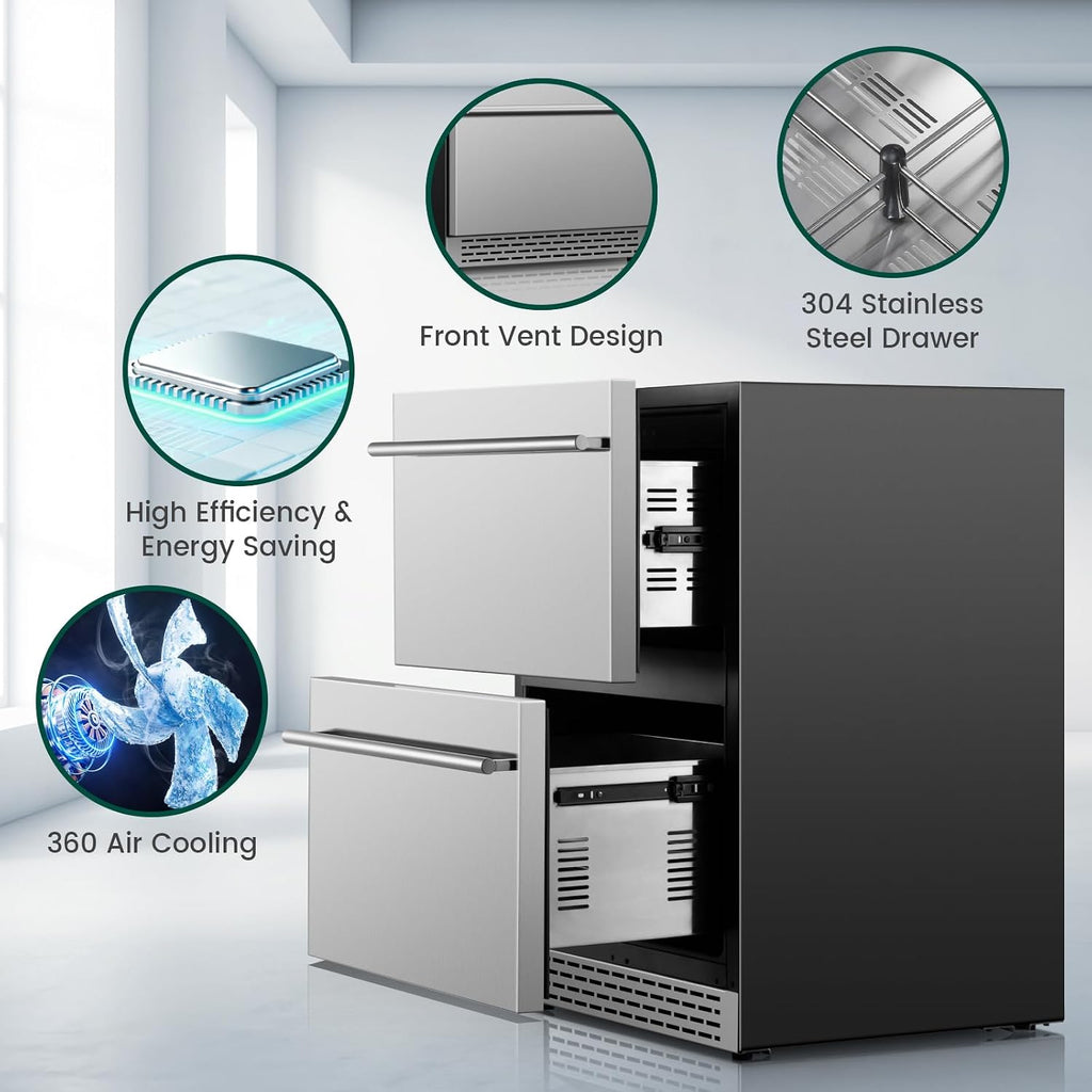 24 Inch Outdoor Drawer Refrigerator, Stainless Steel Door Under Counter Drawer Fridge Freestanding or Built-in, Beverage Cooler Refrigerator for Home Kitchen Commercial,Fast Cool,Low Noise