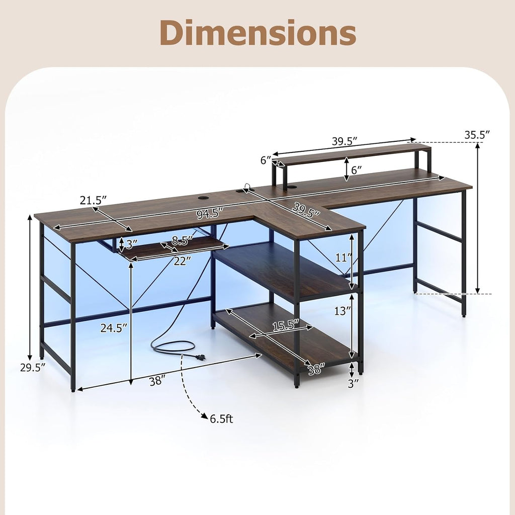 Giantex 94.5' 2 Person Desk with LED Lights, Long PC Study Desk with Storage Shelves, Power Outlets, Keyboard Tray & Monitor Stand, Double Computer Desk Workstation for Home Office (Rustic Brown)