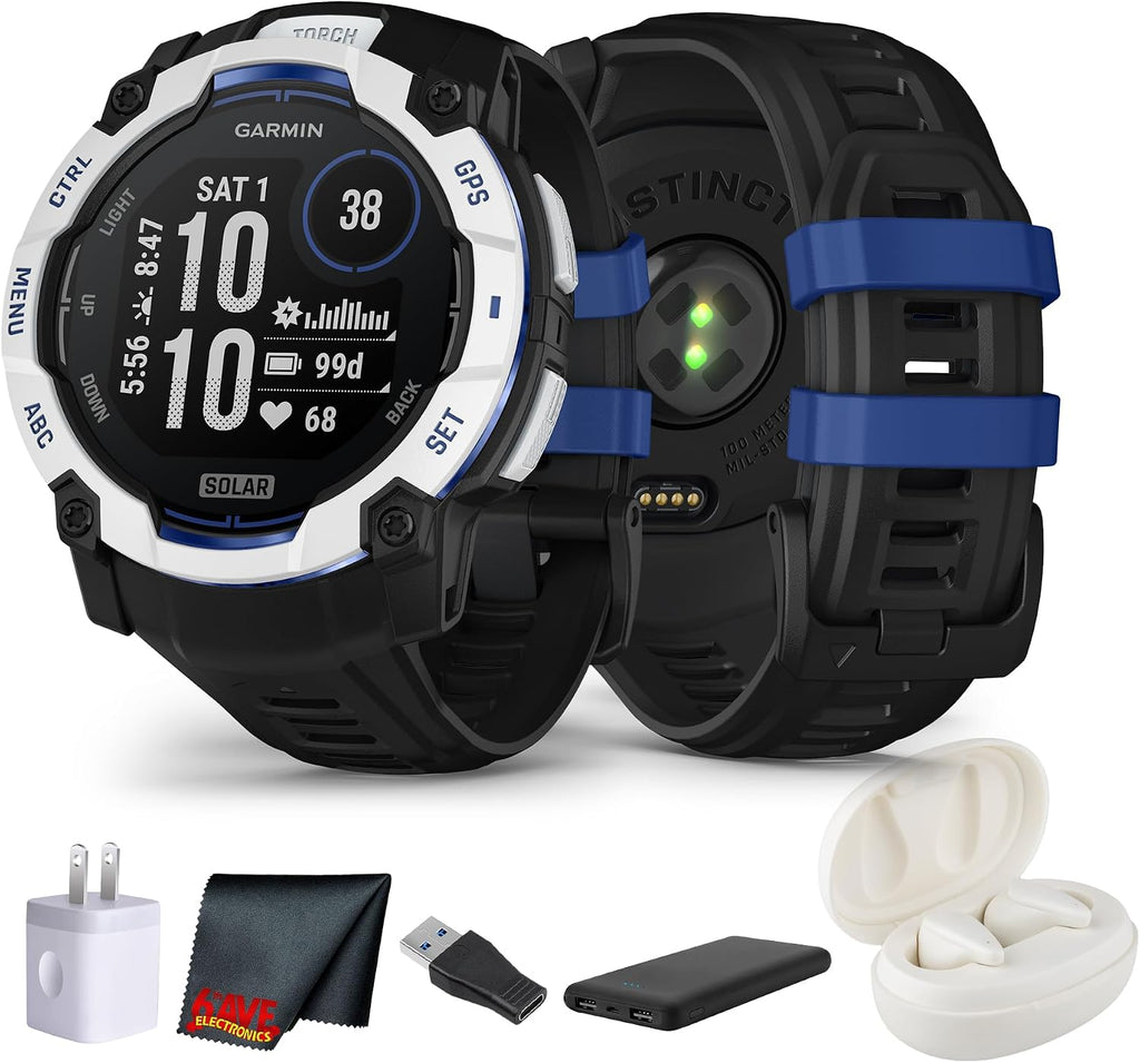 Garmin Instinct 3 Solar Rugged GPS Smartwatch, 50 mm Case, Unlimited Battery with Solar Charging, Multi-Band GPS, Built-in Flashlight, Whitestone with Black/Bolt Blue Band (Supernova Collection)