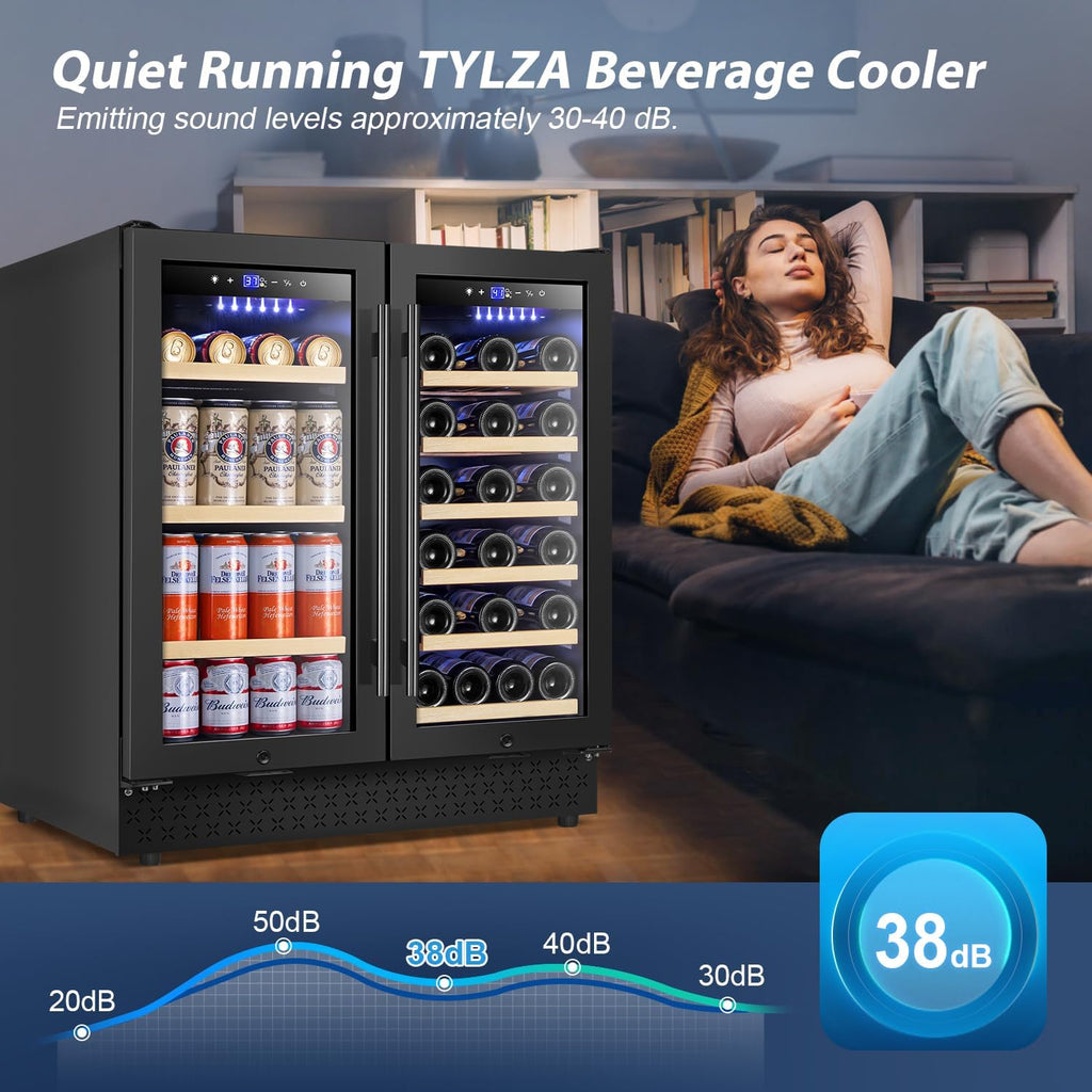 Tylza 30 Inch Wine and Beverage Refrigerator, Dual Zone Wine Beverage Cooler 30' with French Door, Under Counter Wine Beer Fridge Built-In or Freestanding, Holds 29 Bottles and 110 Cans, Black