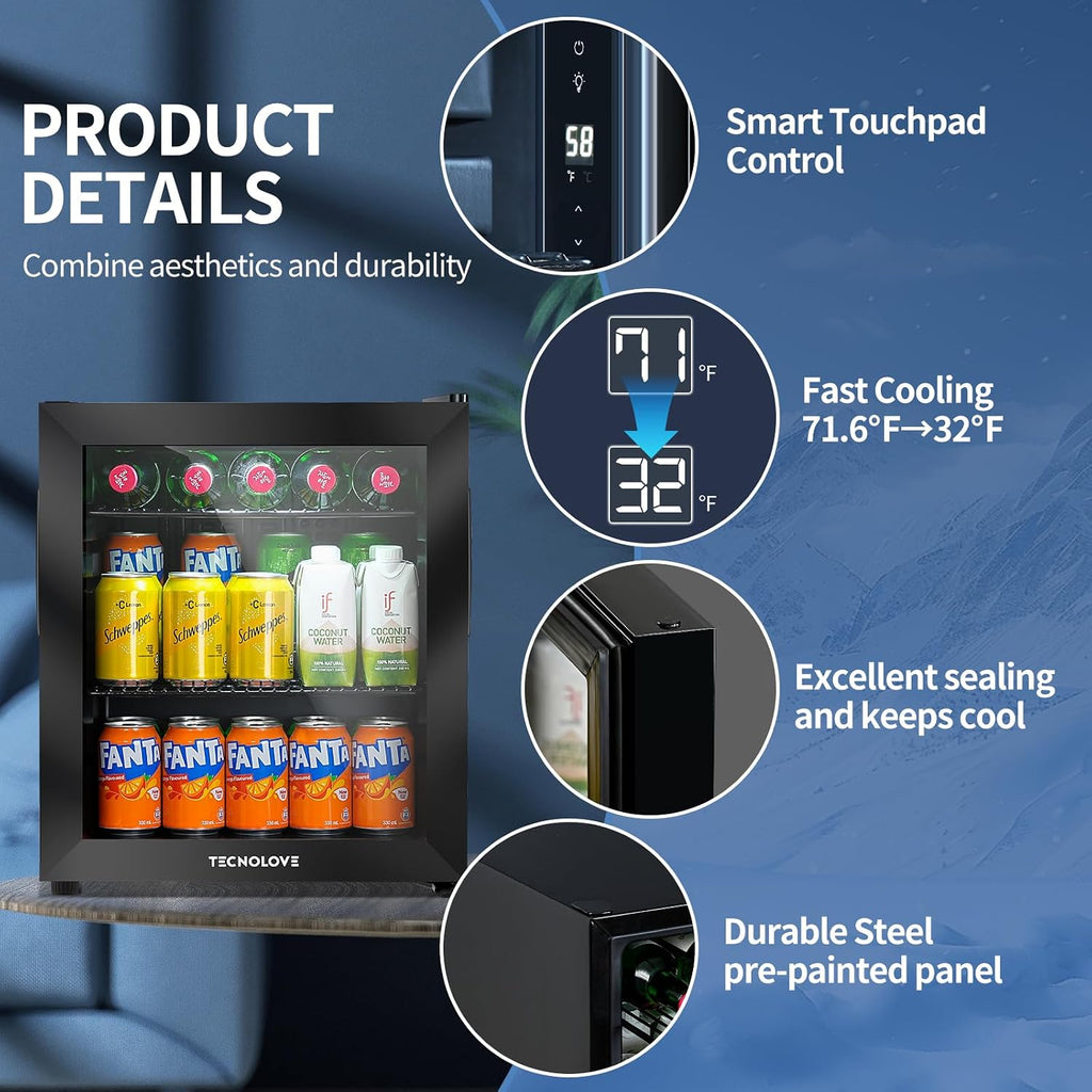Beverage Refrigerator Cooler,Mini Fridge,Free Standing,1.6 Cu.Ft Cools Down To 32 ℉,Stainless Steel,LED Touchscreen Digital Temp Control,Under Counter,Double-layer Glass Door,Adjustable Shelves,Black