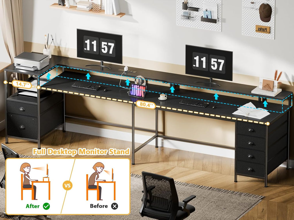 Furologee 95' Two Person Computer Gaming Desk, Long 2 Person Home Office Desk with 6 Drawers & Storage Shelves, Double Table with Power Outlets, LED Lights and Full Monitor Shelf, Black