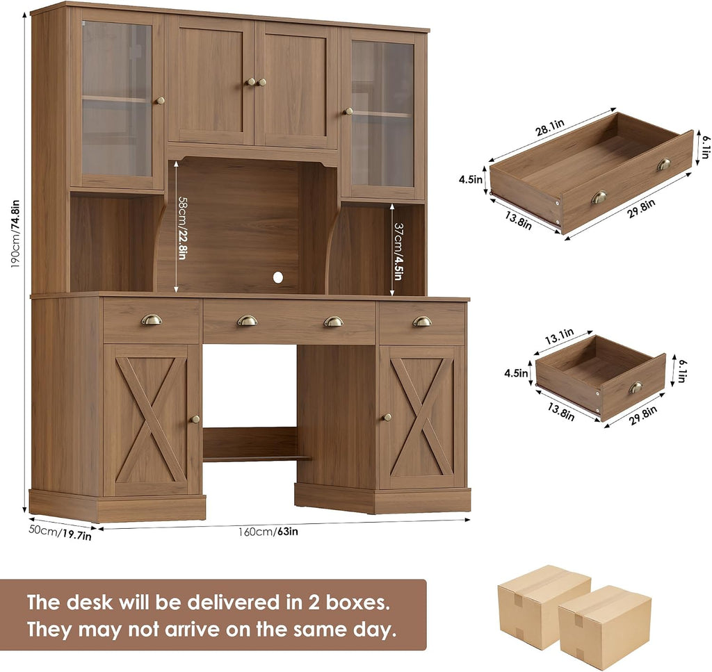 Keyluv 75' Executive Desk with Hutch and Drawers, Computer Desk with Glass Door and Storage Cabinet, 63' W Large Farmhouse Workstation for Home Office Study Writing Gaming Table, Brown