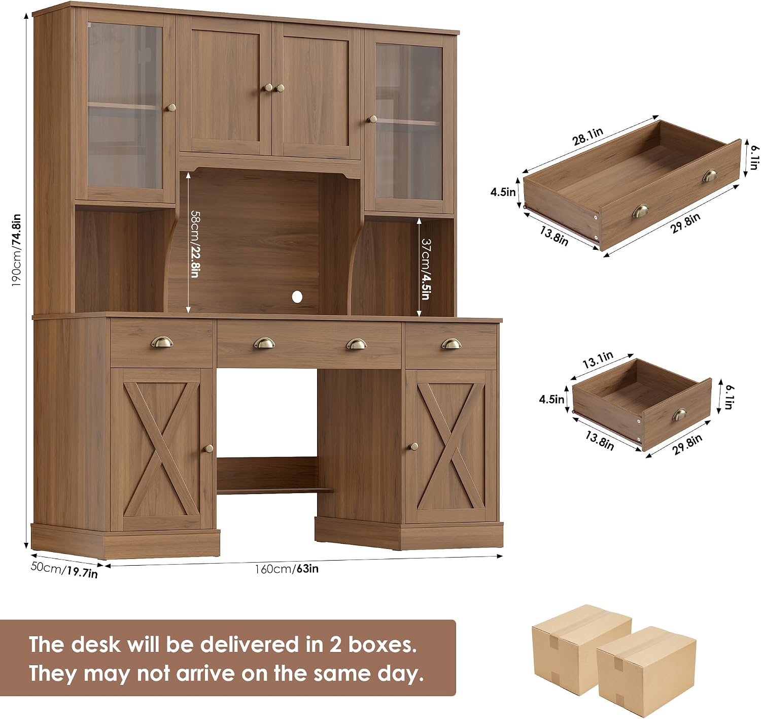 Keyluv 75' Executive Desk with Hutch and Drawers, Computer Desk with Glass Door and Storage Cabinet, 63' W Large Farmhouse Workstation for Home Office Study Writing Gaming Table, Brown