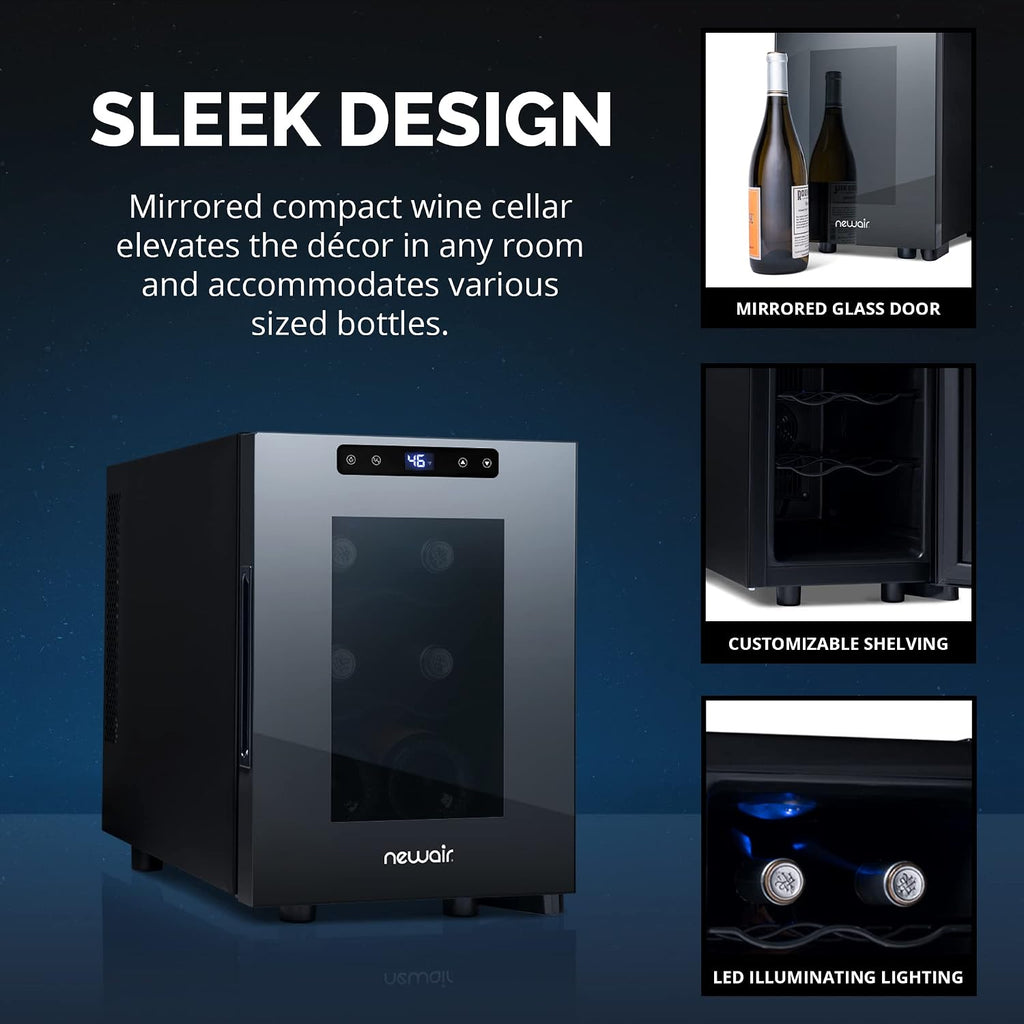 NewAir 10' Wine Fridge for 6 Bottles | Freestanding Wine Cooler Refrigerator with Glass Door | Compact Countertop Storage with Precision Cooling & Quiet Operation | Black