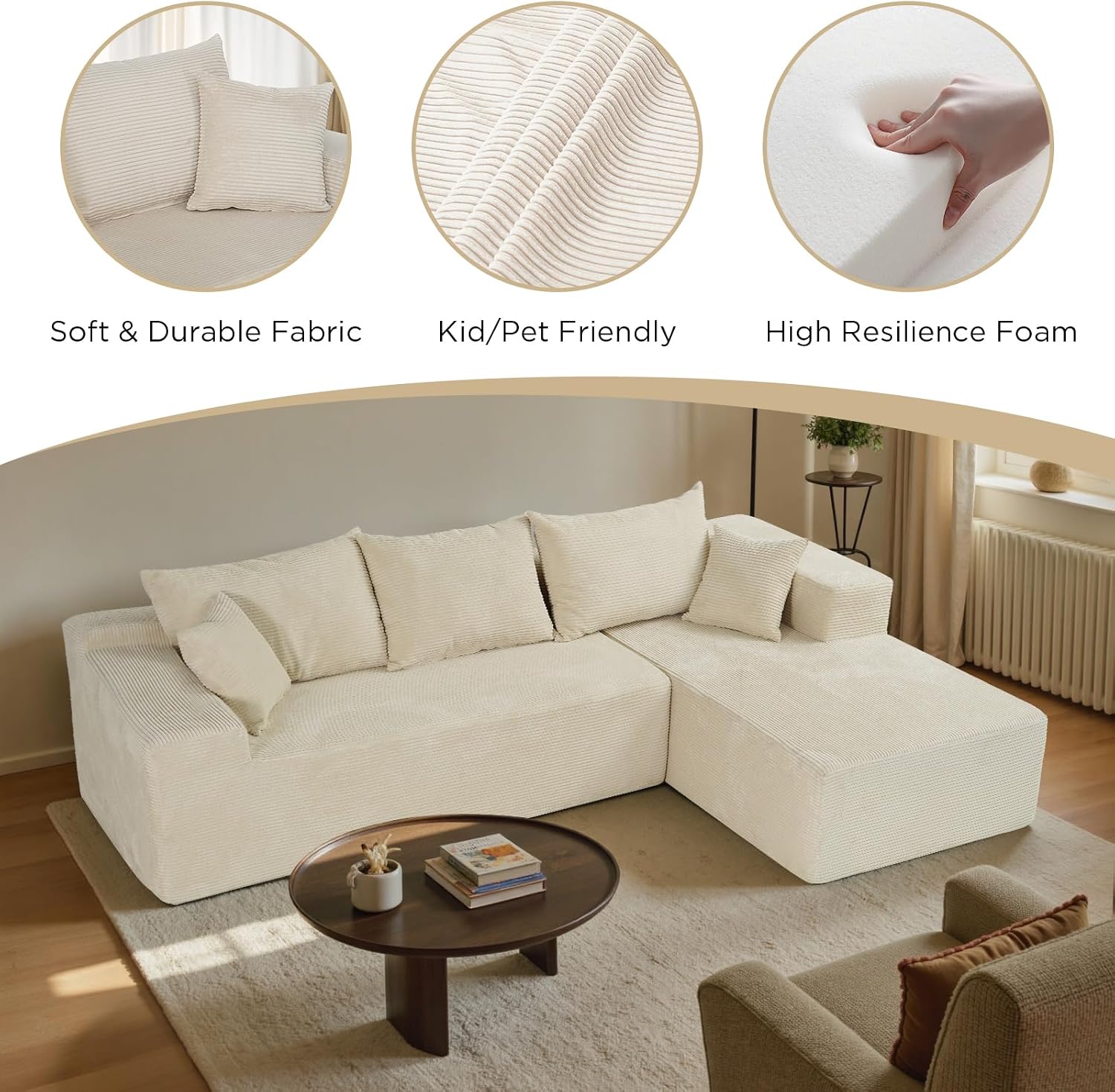 103' Cloud Sectional Couch with L-Shape Chaise,Modern Modular Sofa with Deep Seat, Upholstered Couches for Living Room Bedroom,No Assembly Required, Beige (Right Facing Chaise)