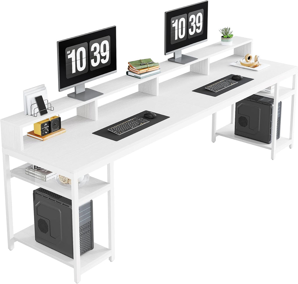 Tribesigns 78.74 Inches Extra Long Two-Person Desk, Double Computer Desk with Monitor Stand and Storage Shelves, Study Work Table for Home Office (White)