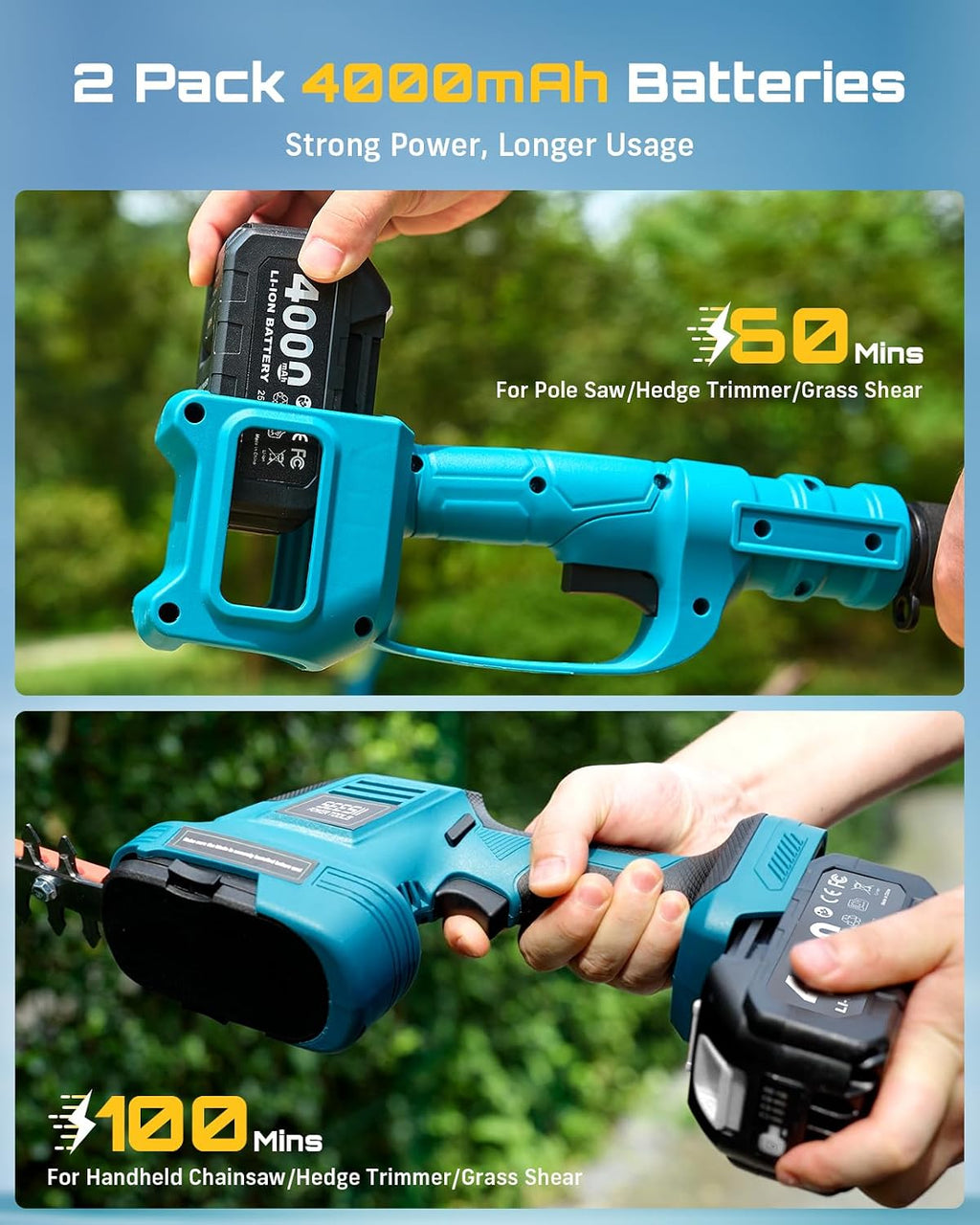 SEESII 6-in-1 Cordless Pole Saw & Hedge Trimmer Combo, Electric Mini Chainsaw with 2×4.0 Ah Batteries, Extendable Tree Pruner, Bush Trimmer Limb Branch Cutter, Grass Shears, 15Ft Long Reach