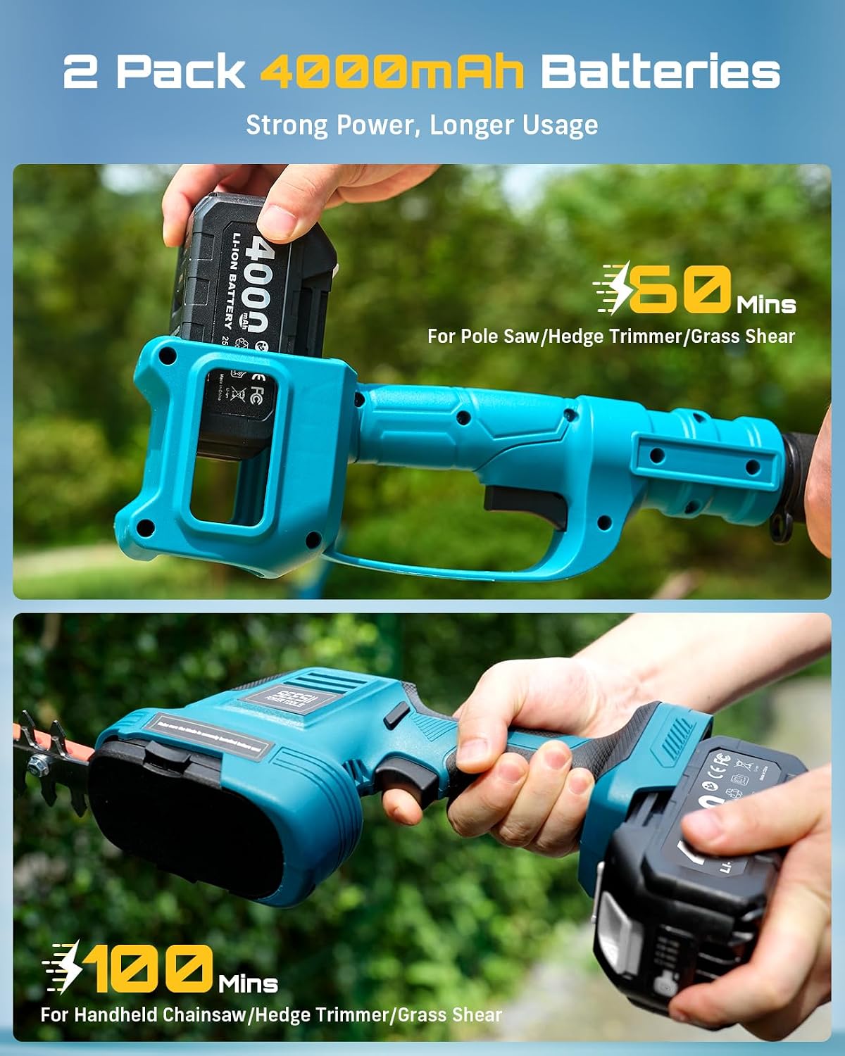SEESII 6-in-1 Cordless Pole Saw & Hedge Trimmer Combo, Electric Mini Chainsaw with 2×4.0 Ah Batteries, Extendable Tree Pruner, Bush Trimmer Limb Branch Cutter, Grass Shears, 15Ft Long Reach