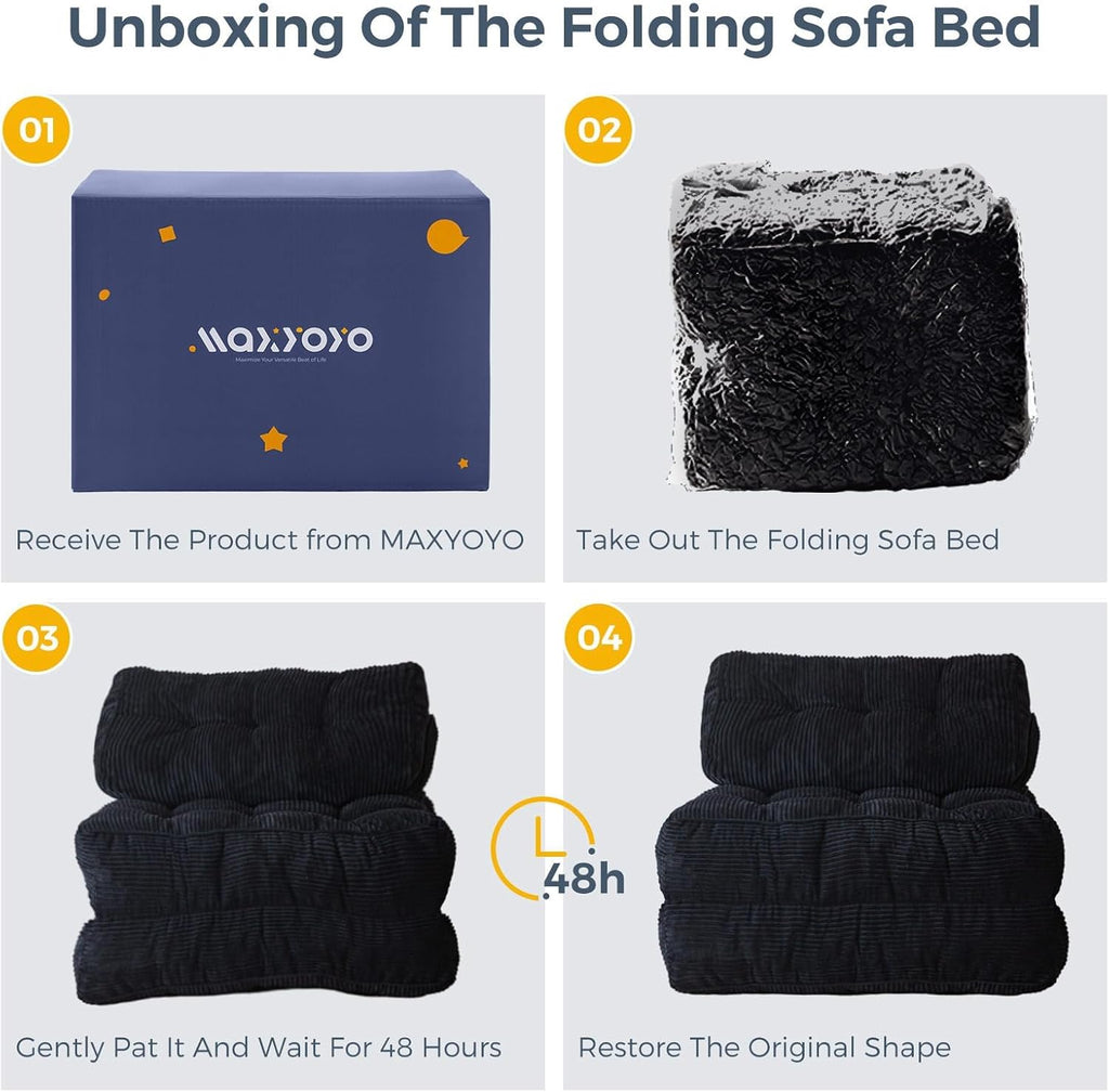 MAXYOYO Folding Sofa Bed, Convertible Sleeper Chair with Pillow Foldable Mattress with Back Support, Portable Fold Out Chair Bed Comfy Floor Sofa Lounge for Living Room Bedroom, Black, Single
