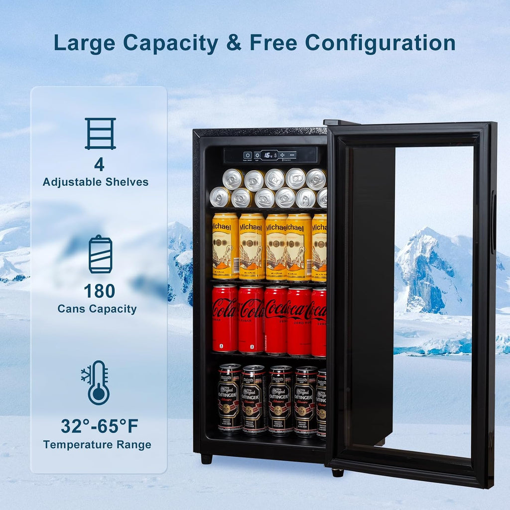 Cucina Magica Beverage Refrigerator 180 Can, Black Beer Fridge with Glass Door, 3.2 Cu Ft Mini Fridge for Drinks, Freestanding Cooler with Adjustable Shelves & Digital Temp Control
