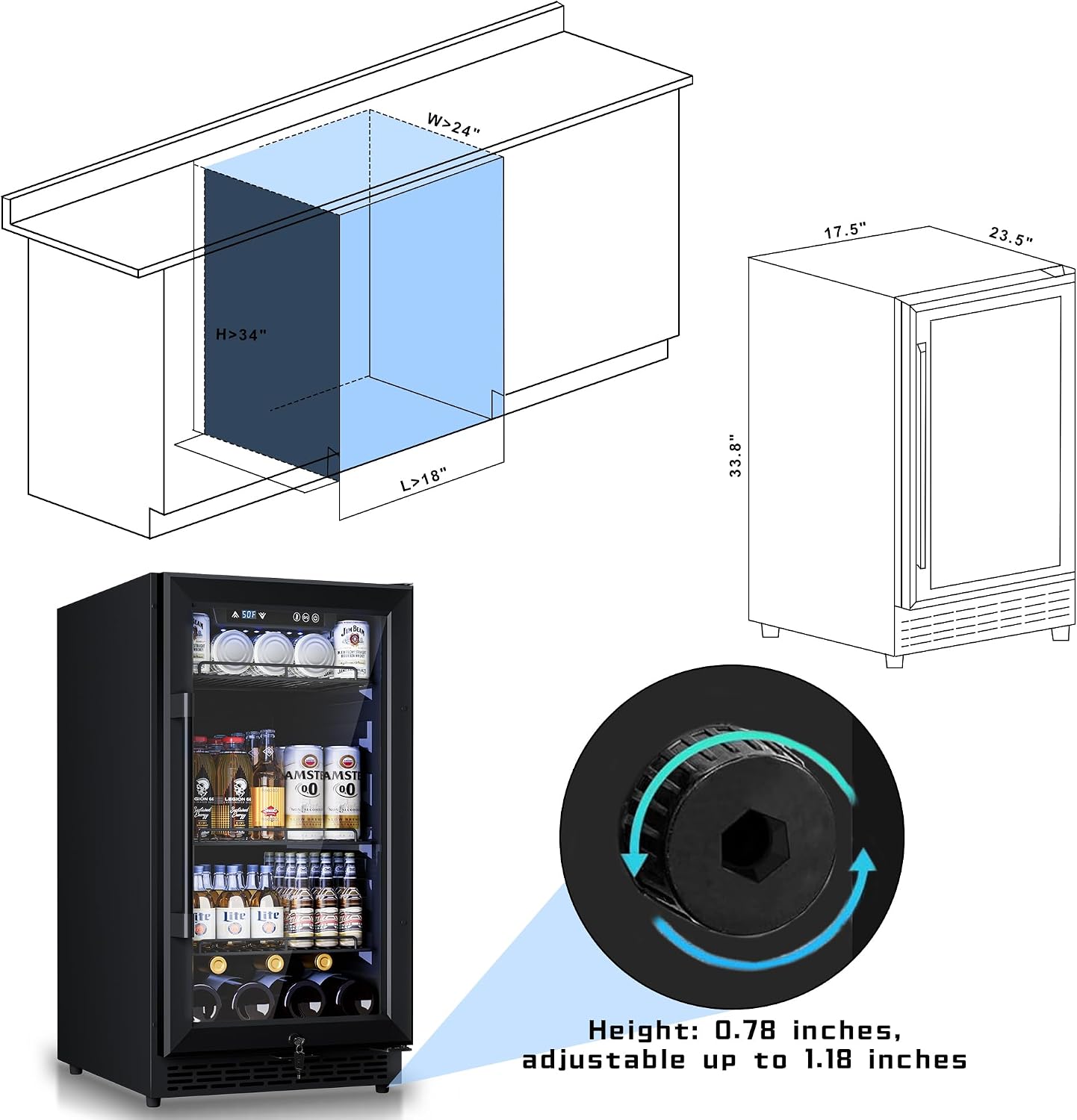 18'' Beverage Refrigerator, 160-Can Built-in or Freestanding Beverage Cooler with Four Adjustable Leveling Feet and Adjustable Shelves for Soda, Beer, Water, and Wine – Perfect for Home, Office, or Ba