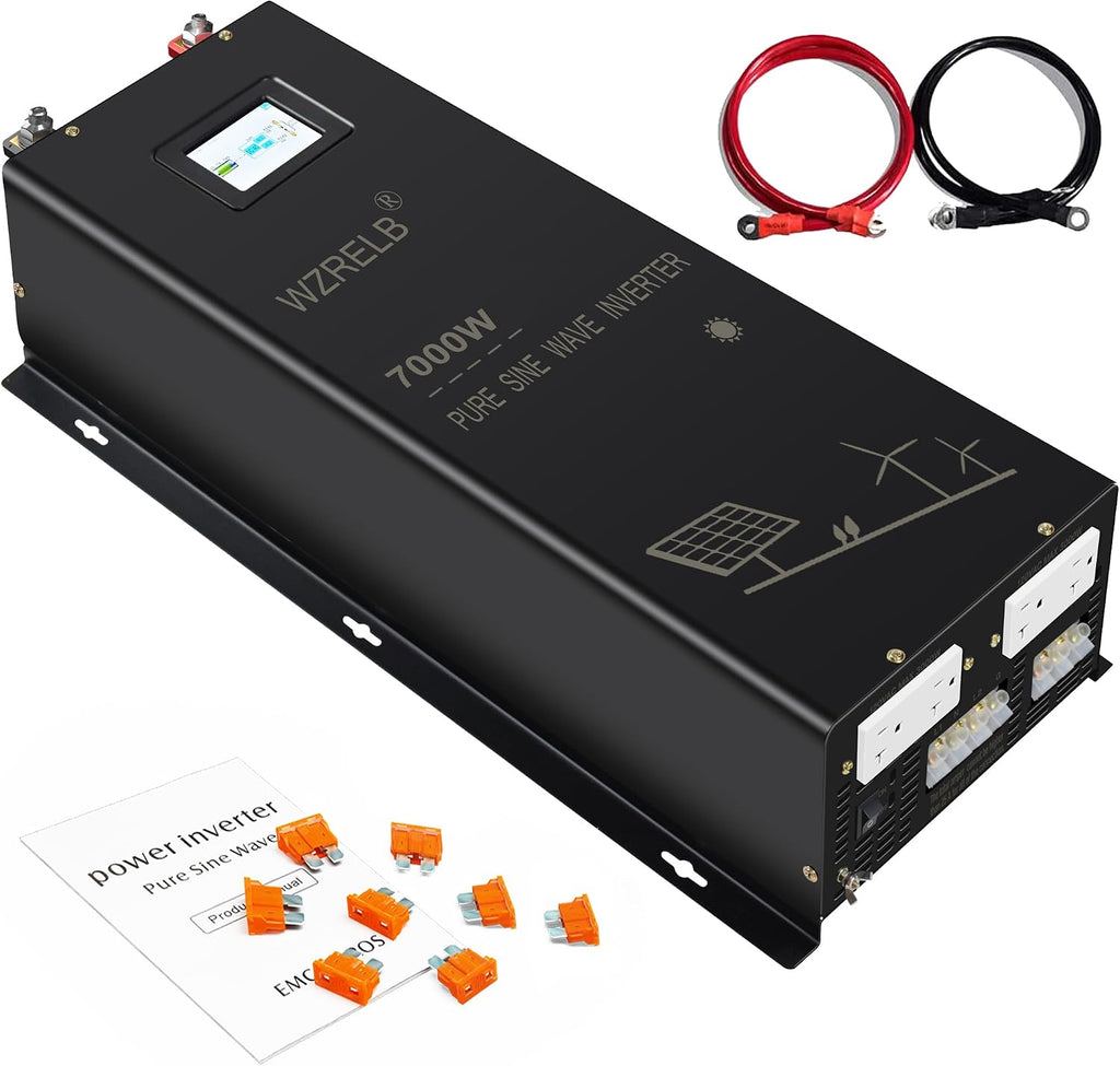 WZRELB 7000W Split Phase Pure Sine Wave Inverter, 48V DC to 120V/240V AC, 4 AC Outlets, Hardwire Terminal, High Efficiency up to 91.6%, Black