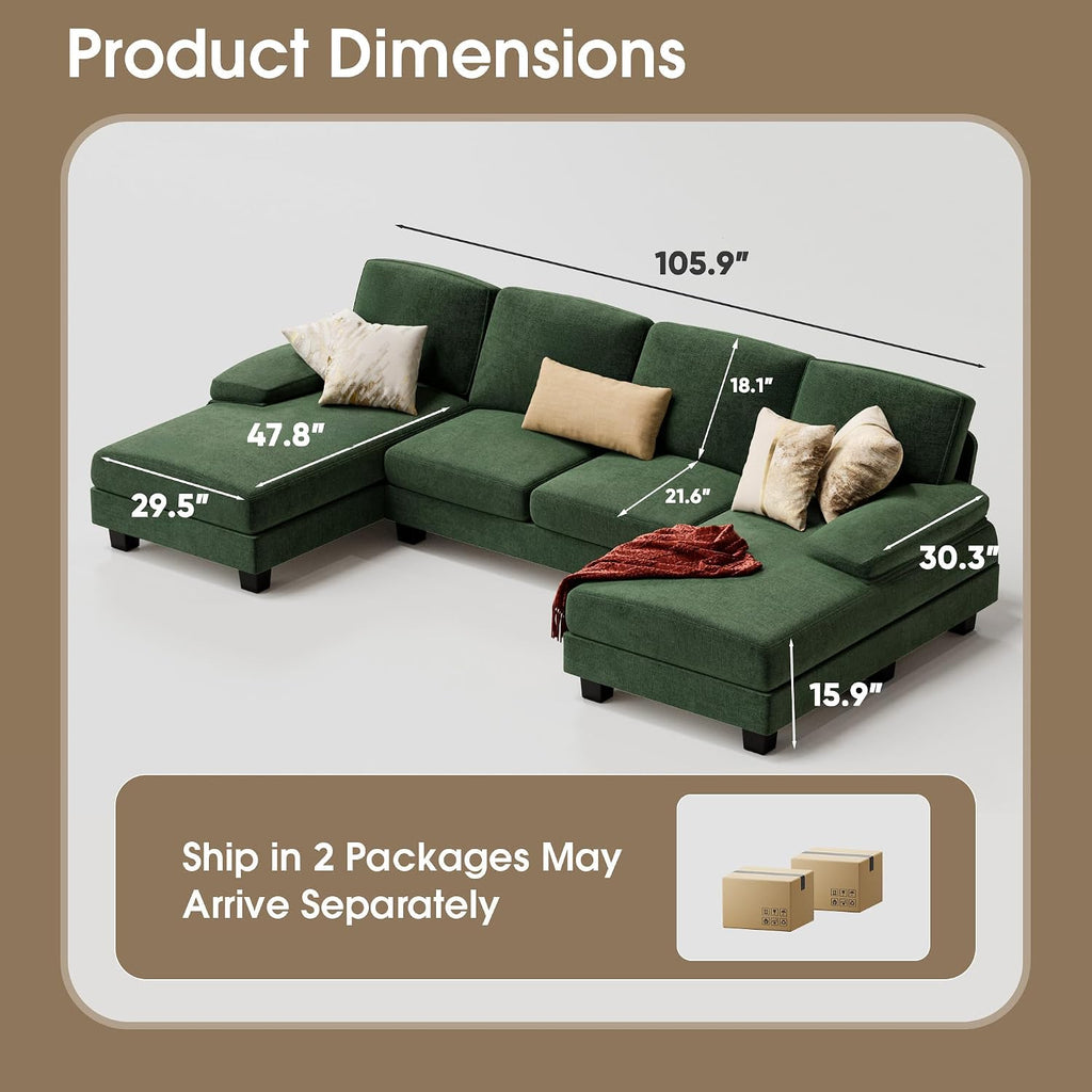Furmax Sectional Couches for Living Room, U-Shaped Sofa Couch with Linen Fabric, 4 Seat Sofa Set with Double Chaise for Apartment (Fabric, Green)