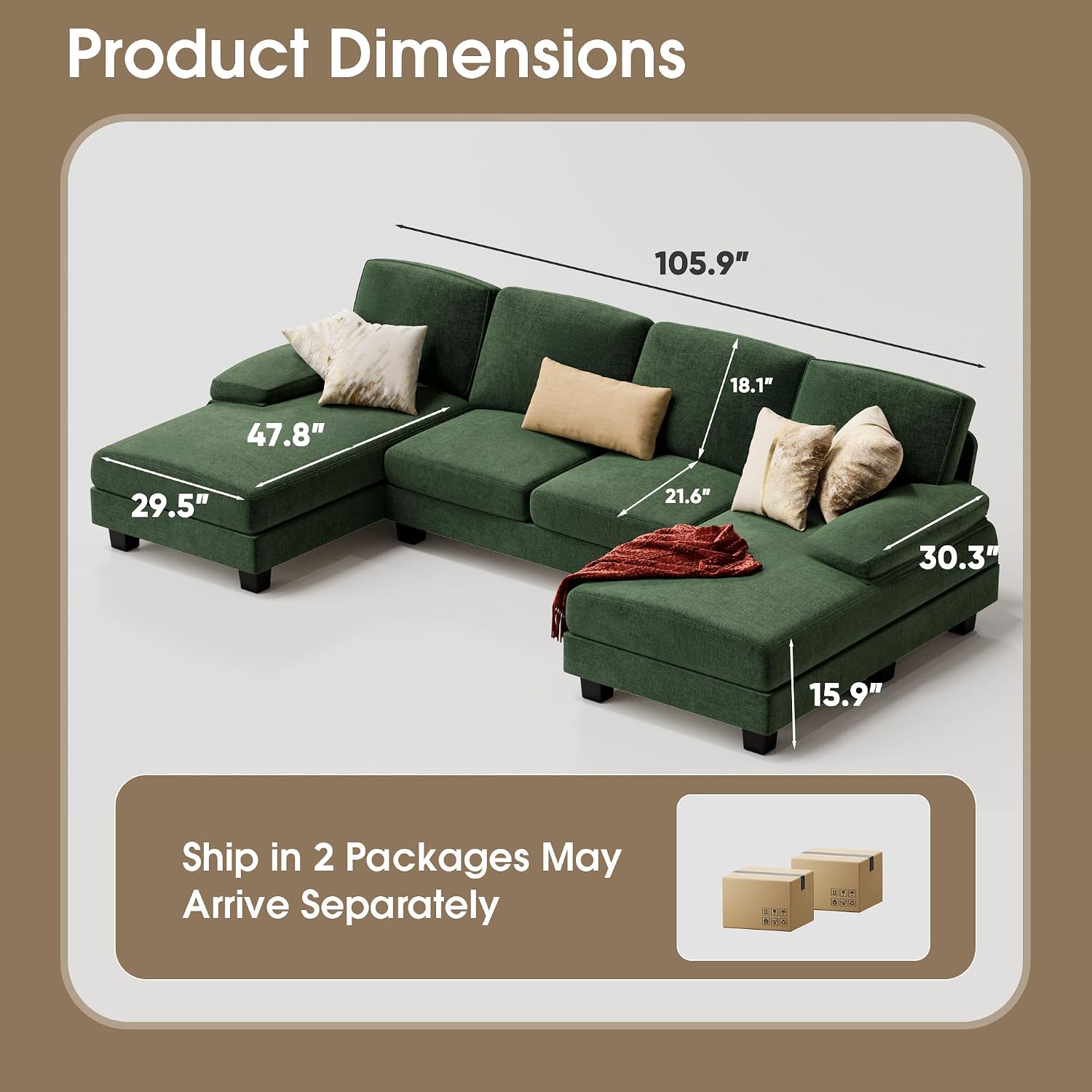 Furmax Sectional Couches for Living Room, U-Shaped Sofa Couch with Linen Fabric, 4 Seat Sofa Set with Double Chaise for Apartment (Fabric, Green)