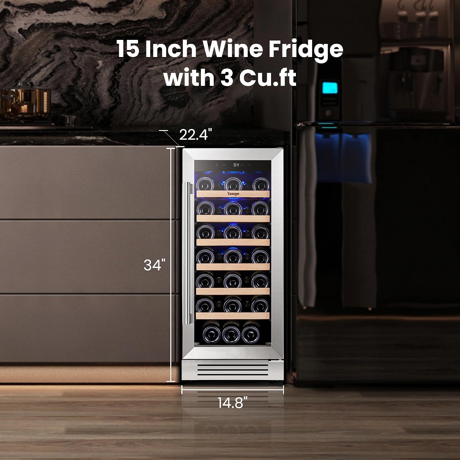 Yeego Wine Fridge Cooler - 15 Inch Wine Fridge Hold 33 Bottles, 40-65°F Wine Refrigerator Glass Door, Built in, Freestanding Under Counter Fridge for Beer Soda Drink Home Bar Office