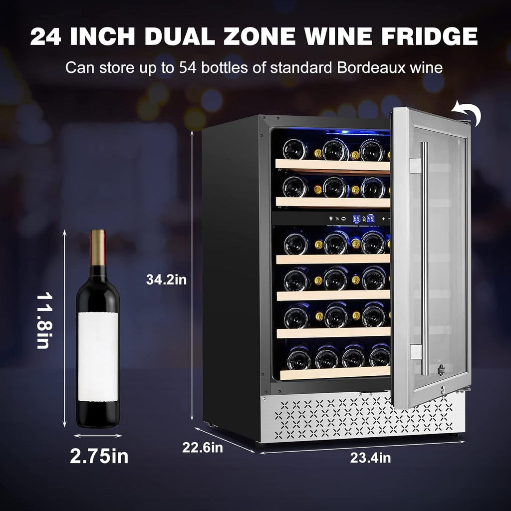 Tylza 24'' Wine Fridge, Dual Zone Wine Refrigerator, 54 Bottles, Lock, Glass Door, Built-in Compressor, 6 Adjustable Shelves, Undercounter or Freestanding, Wine Cooler Refrigerator for Home Bar Office