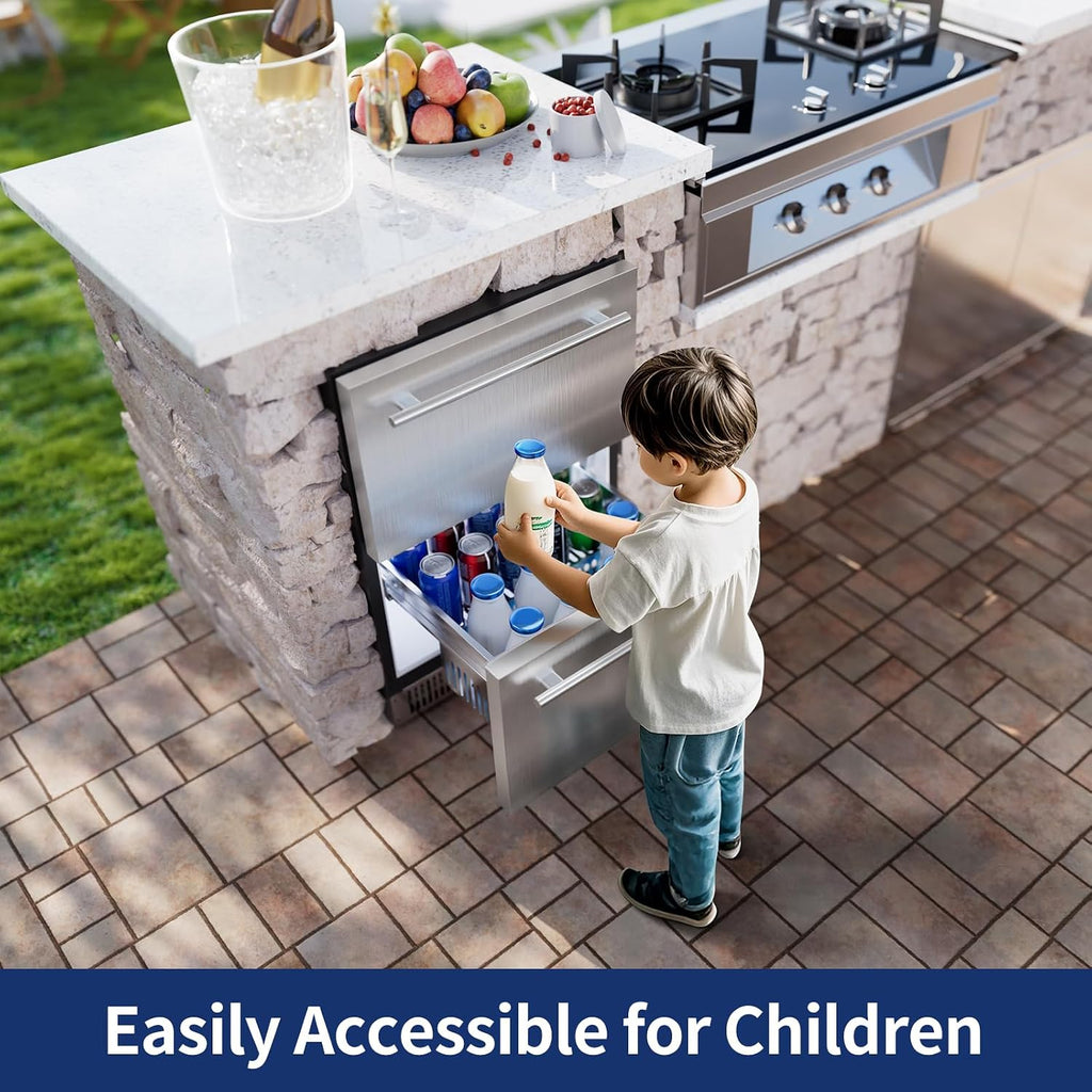 Coolski 24 Inch Under Counter Beverage Refrigerator Drawers, Built-in/Freestanding Stainless Steel Outdoor Refrigerator for Patio, Low Noise Beverage Cooler for Home, Bar, Kitchen, ETL, NSF Approved