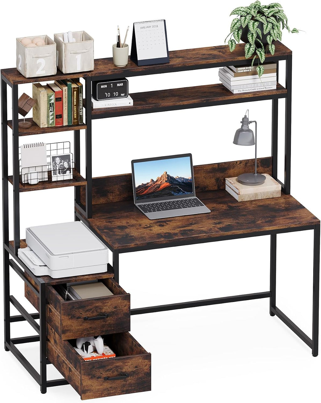 LITTLE TREE Computer Desk with Drawers and Hutch, 55' Gaming Desk with Storage Shelves, Modern Wooden Study Writing Desk for Bedroom Home Office, Brown