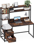 LITTLE TREE Computer Desk with Drawers and Hutch, 55' Gaming Desk with Storage Shelves, Modern Wooden Study Writing Desk for Bedroom Home Office, Brown