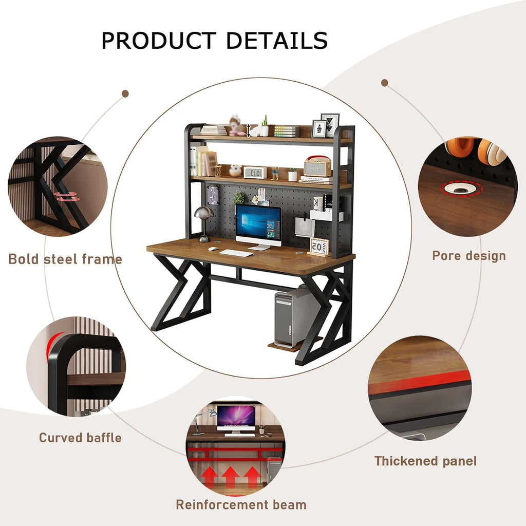 31.4in Gaming Desk with Bookshelf Combo, Computer Desk with Pegboard, Large Writing Table with Desktop Shelves, Ample Leg Room, for Home Office (Brown, 31.4in)