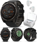Garmin Fenix 8 – 51 mm, Solar, Sapphire, Carbon Gray DLC Titanium GPS Multisport Smartwatch with Black/Pebble Gray Silicone White Earbuds Bundle