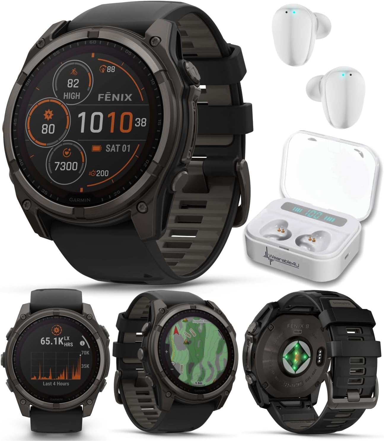 Garmin Fenix 8 – 51 mm, Solar, Sapphire, Carbon Gray DLC Titanium GPS Multisport Smartwatch with Black/Pebble Gray Silicone White Earbuds Bundle