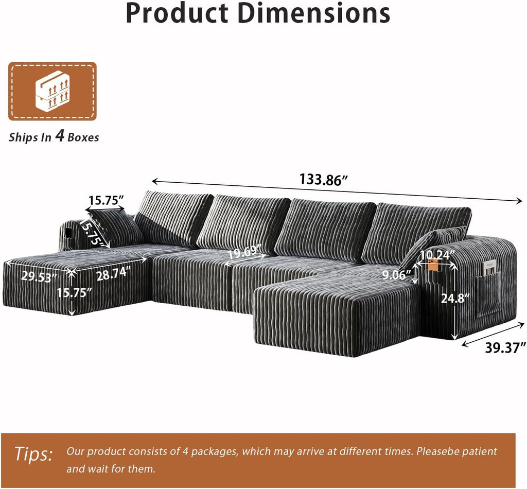 Modular Sectional Sofa, Boneless Couches for Living Room, L-Shape Sofa Couches,Cloud Couch Sectional, Comfy Corduroy Sofa, with Deep Seat, No Assembly Required (Gray, 4 Seater + 2 Ottoman)