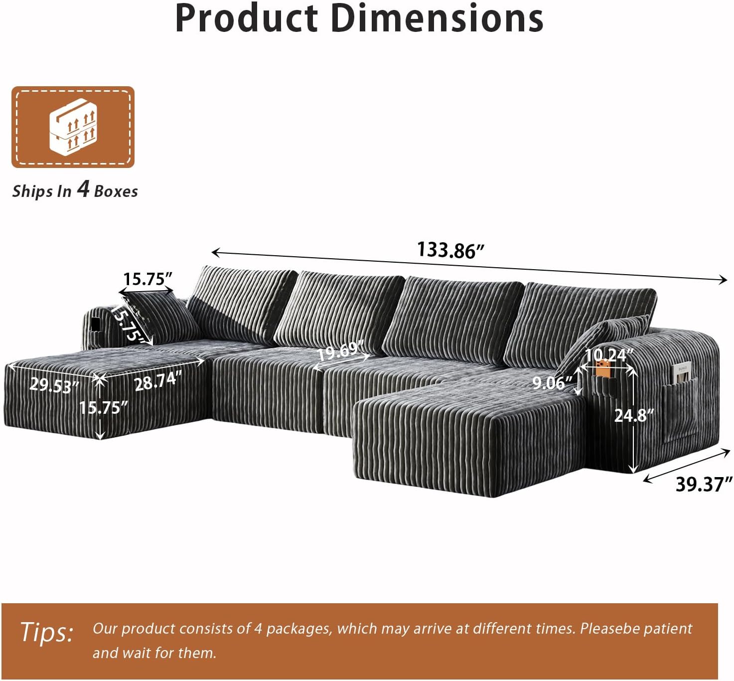 Modular Sectional Sofa, Boneless Couches for Living Room, L-Shape Sofa Couches,Cloud Couch Sectional, Comfy Corduroy Sofa, with Deep Seat, No Assembly Required (Gray, 4 Seater + 2 Ottoman)