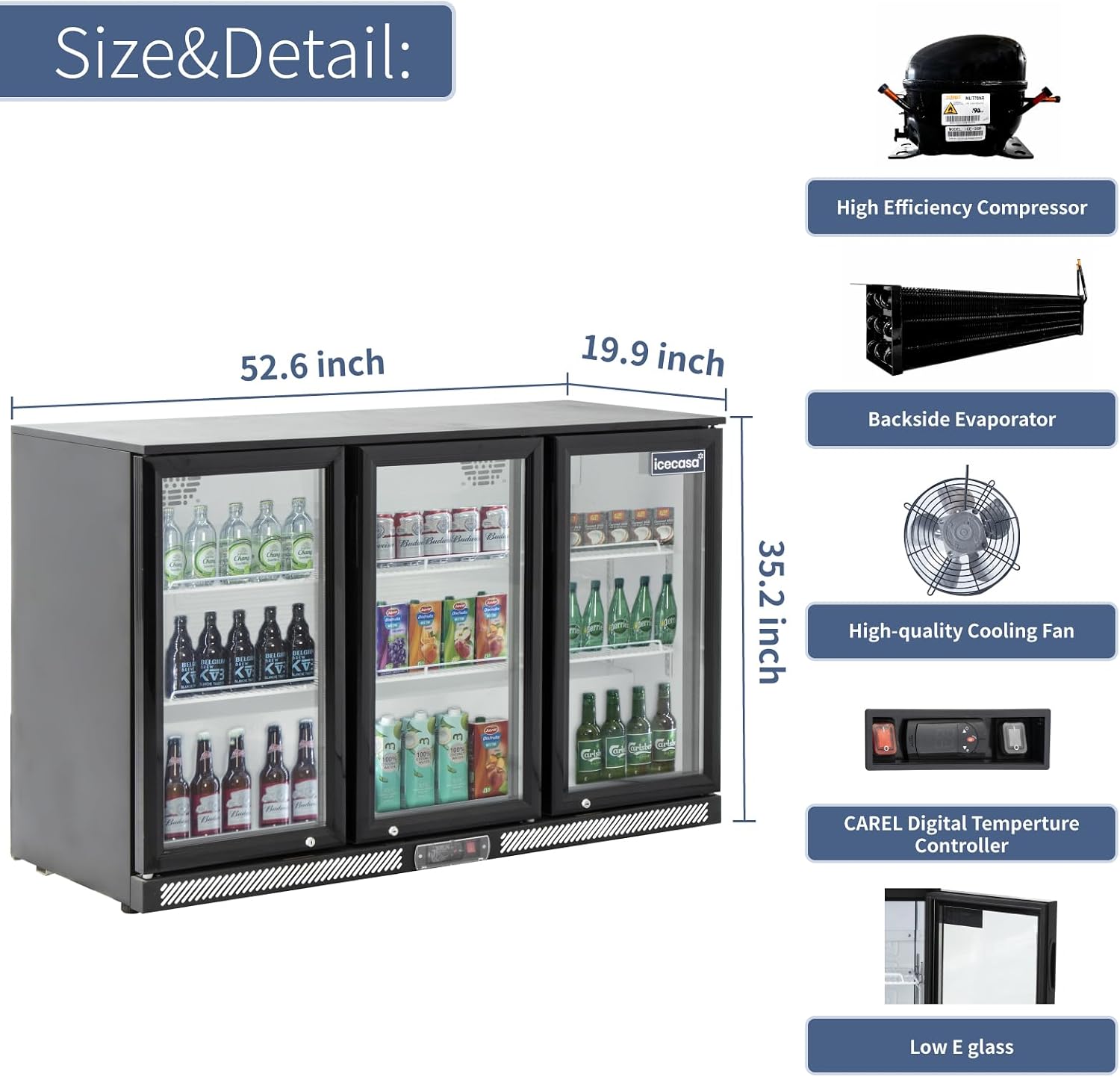 ICECASA 52.6' W Beverage Refrigerators 3 Glass Door Back Bar Refrigerator Commericial Undercounter cooler Wine Merchandiser 11.7 Cu.ft for Soda Beer