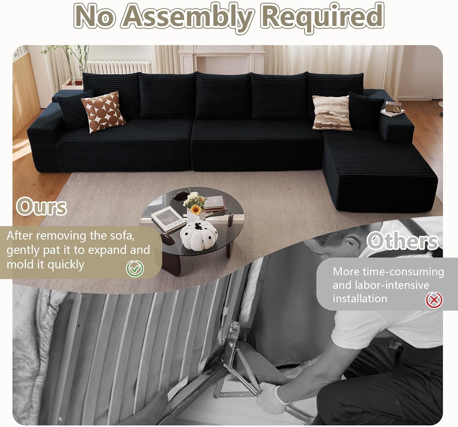 166.9' Cloud Sectional Couch with L-Shape Chaise, Upholstered Corduroy Couches Sleeper with Deep Seat, Modern Modular Comfy Sofa Chaise Longue for Living Room Bedroom, No Assembly Required, Black