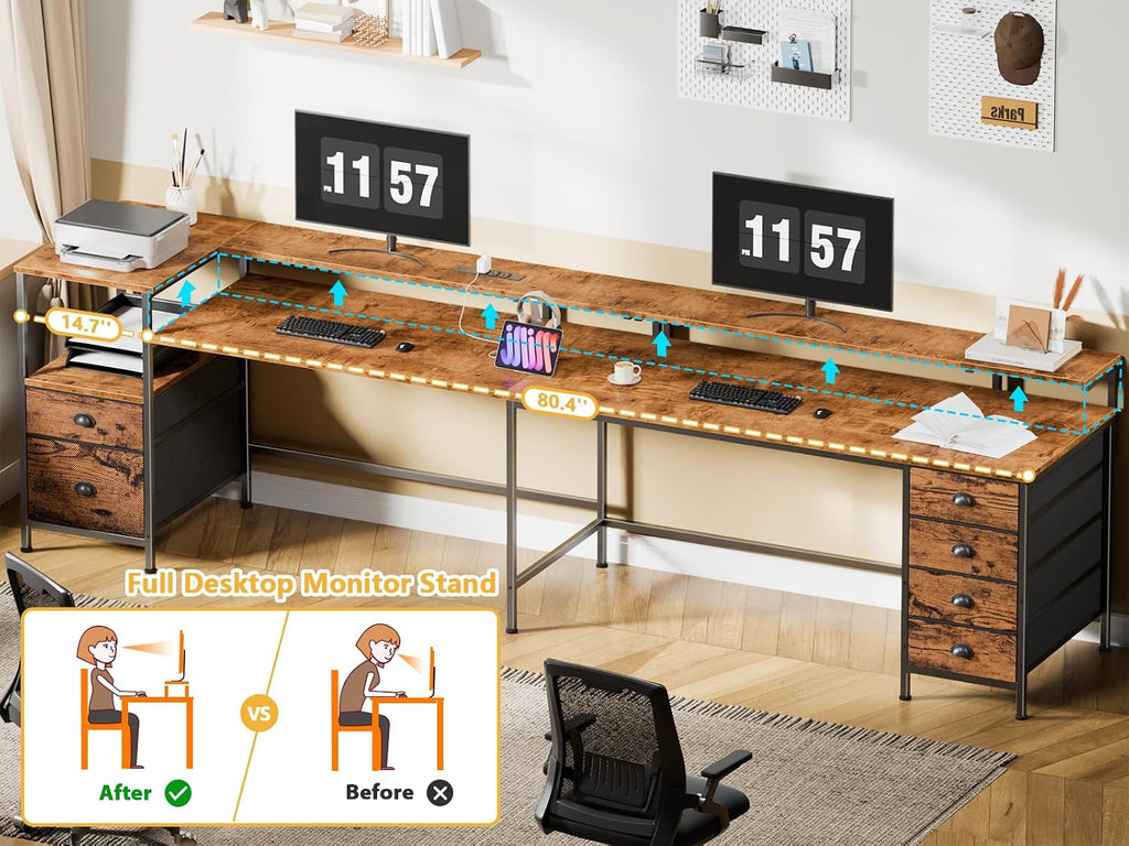 Furologee 95' Two Person Computer Gaming Desk, Long 2 Person Home Office Desk with 6 Drawers & Storage Shelves, Double Table with Power Outlets, LED Lights and Full Monitor Shelf, Rustic Brown