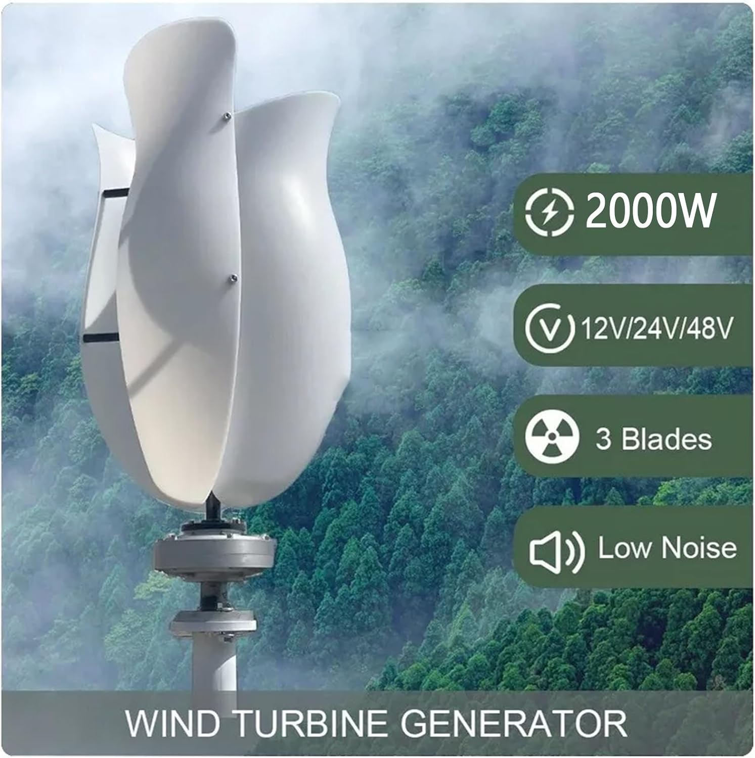 2000W/3000W Vertical Axis Wind Turbine Generator, Magnetic Levitation, Waterproof, Wind Resistant, White, 24V