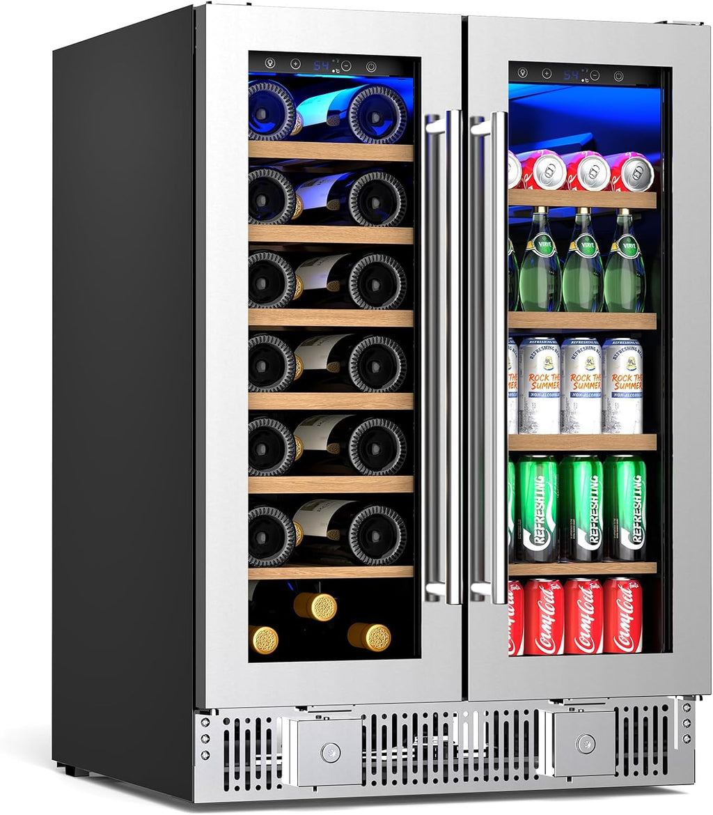 Antarctic Star Dual Zone Wine and Beverage Refrigerator, 24 Inch 4.4 Cu.Ft Built-in or Freestanding Under Counter Cooler with French Glass Doors, Fits 21 Bottles and 88 Cans, Digital Touch Control