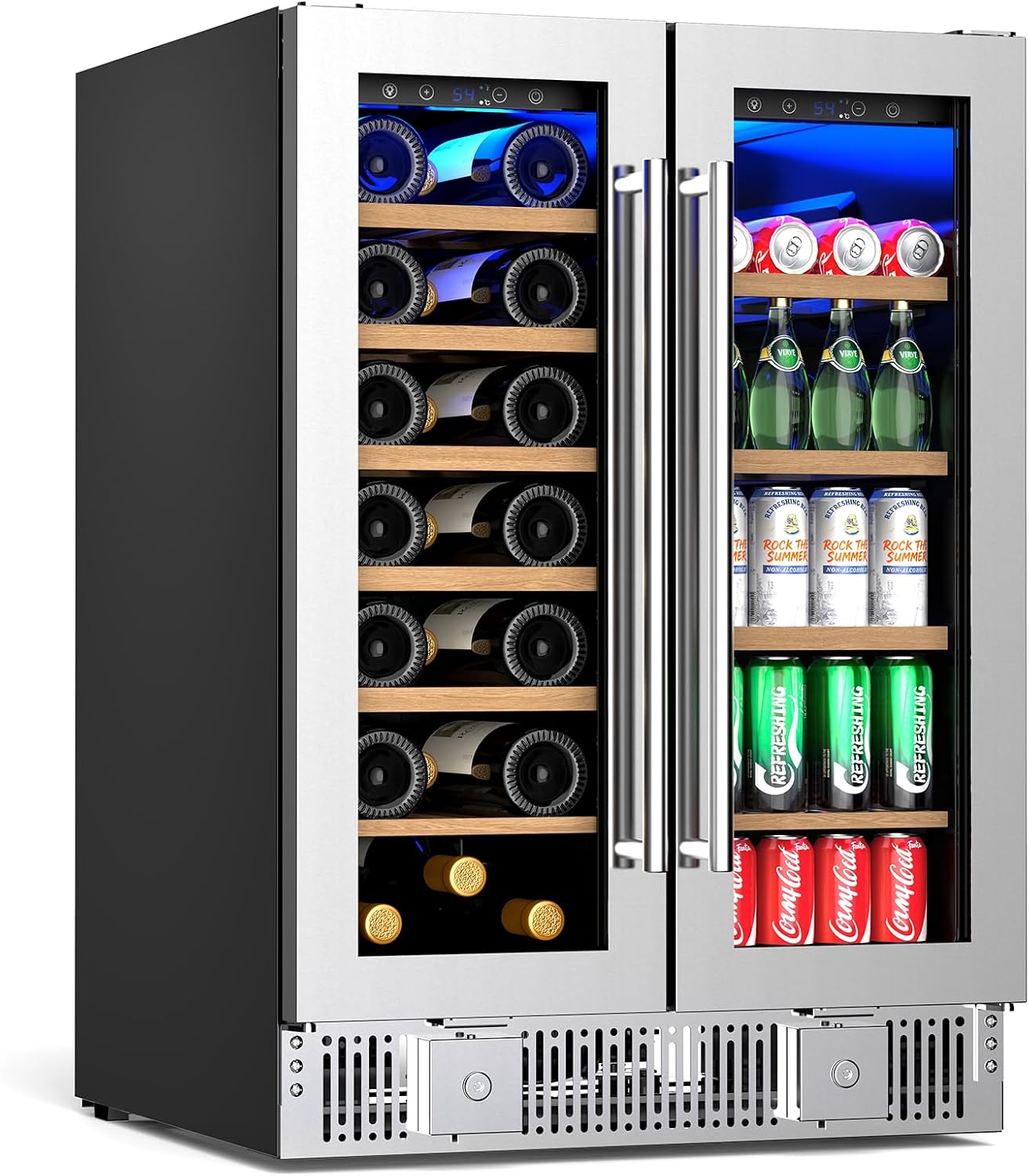 Antarctic Star Dual Zone Wine and Beverage Refrigerator, 24 Inch 4.4 Cu.Ft Built-in or Freestanding Under Counter Cooler with French Glass Doors, Fits 21 Bottles and 88 Cans, Digital Touch Control