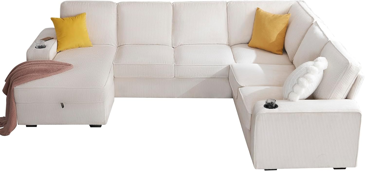 AMERLIFE 112 Inch U Shaped Couch, Oversized Couch with Storage Chaise & Cup Holders, Sectional Sofa with USB & Type-C Charging Ports, Corduroy Beige
