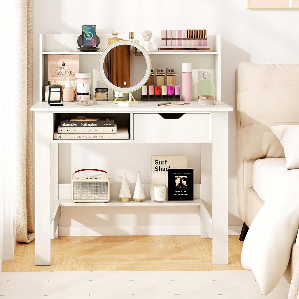 Tangkula White Desk with Hutch & Drawer, Modern Computer Desk with Charging Station USB & Type C Port, Cable Hole, Home Office Desk with Storage Shelves for Study Room Bedroom