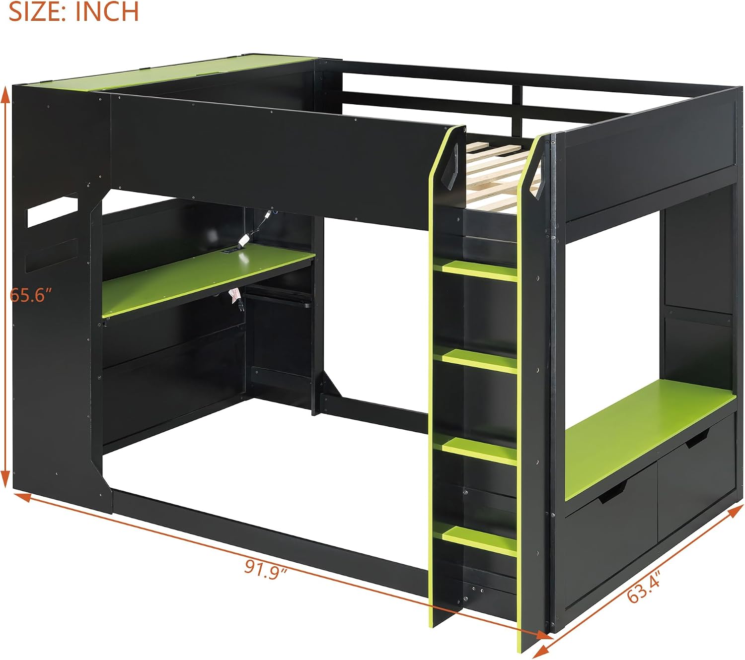 Merax Wood Loft Bed with Height-Adjustable Desk,Drawers,Storage Compartments,Hanging Rod and RGB Lights, Full Size, Green