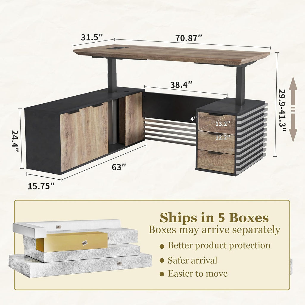 SAINTCY 70.87In L Shaped Executive Standing Desk with Drawers, Large Modern Adjustable Heigh Home Office Desk w/File Cabinet, AC/USB, Business Workstation, Black and Warm Oak