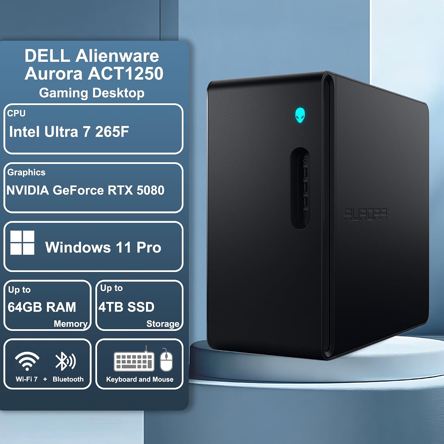 Dell Alienware Aurora ACT1250 Gaming AI Desktop Intel 20-core Ultra 7 265F 32GB RAM 1TB SSD GeForce RTX 5080 GDDR7 (Up to 1801 AI Tops) 240mm Liquid Cooler 1000W PSU 2.5Gb Ethernet Win11Pro